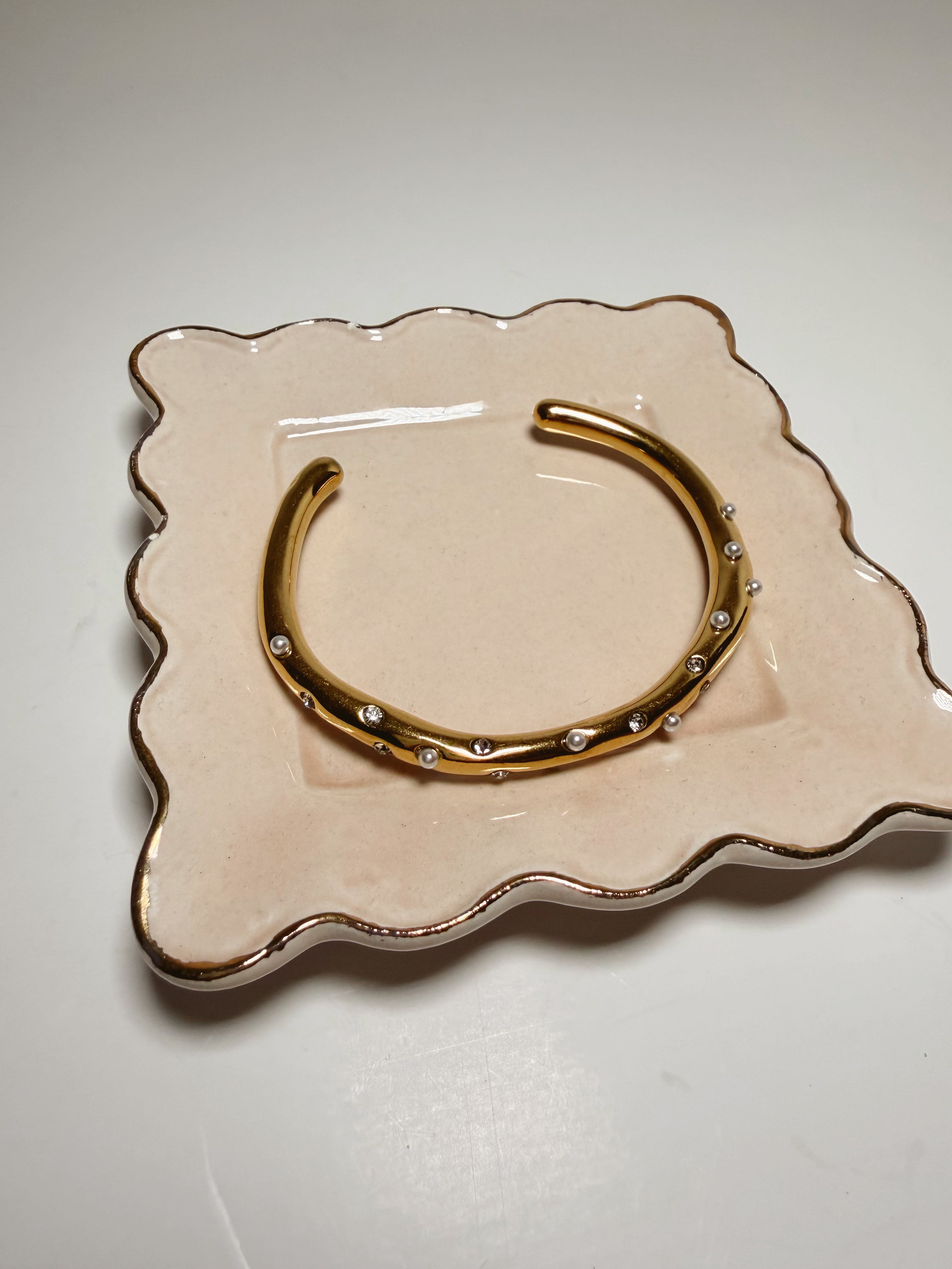 Gold Rhinestone & Pearl Bangle