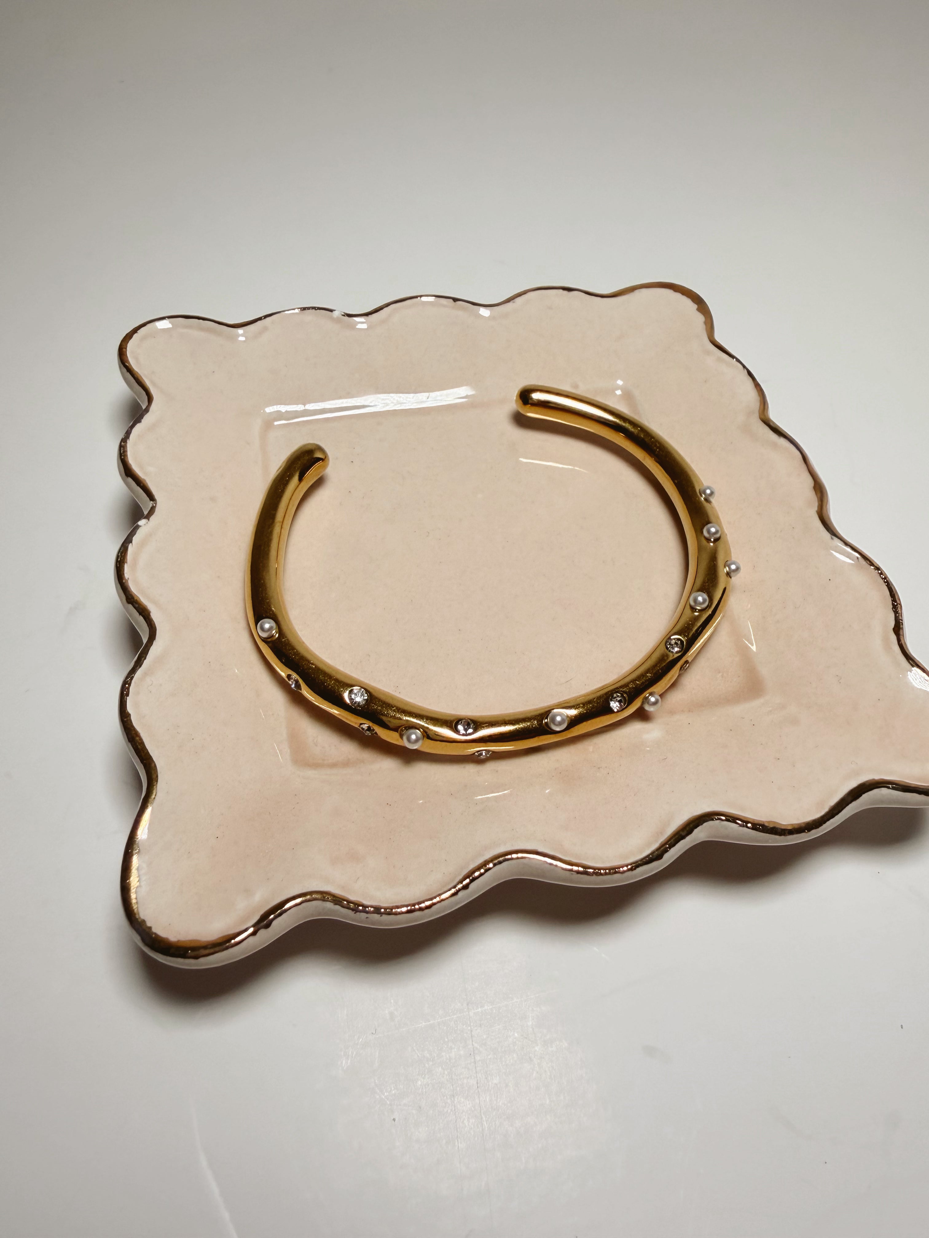 Gold Rhinestone & Pearl Bangle