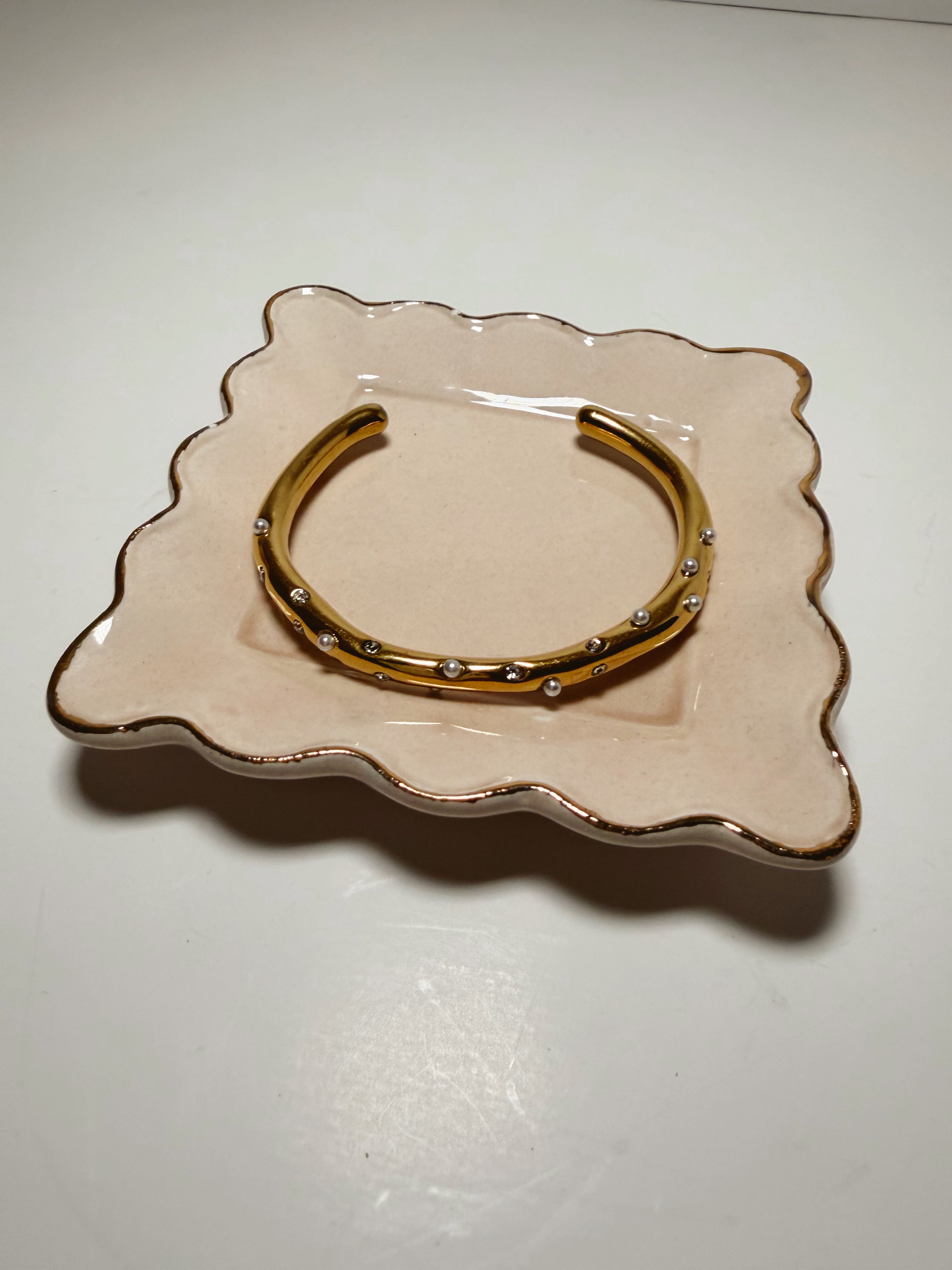 Gold Rhinestone & Pearl Bangle